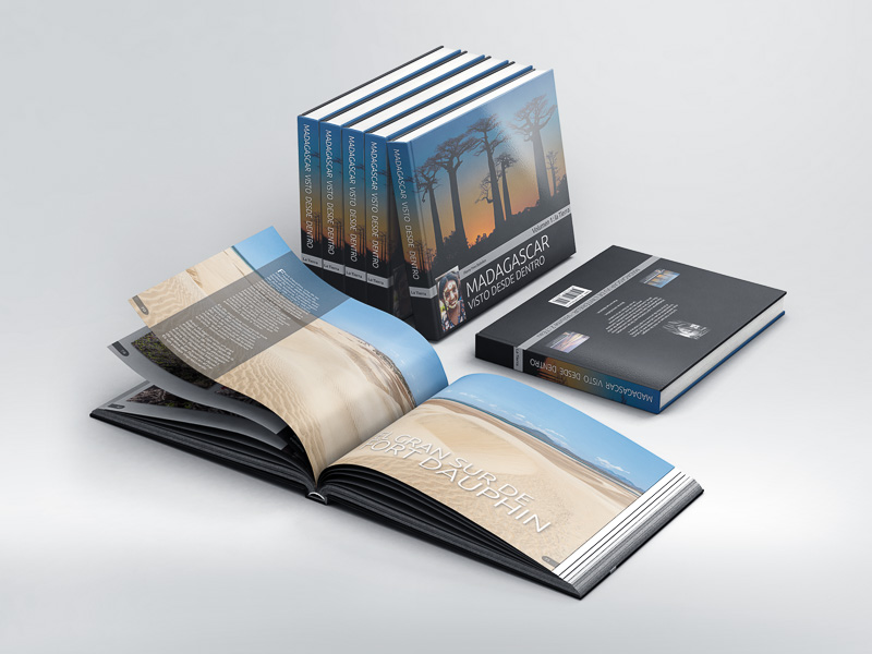 Madagascar el libro de fotografías, tapa y libro abierto en Gran Sur